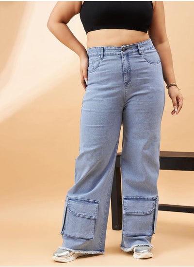 Buy Plus Blast Hem Pockets Straight Jeans in Saudi Arabia