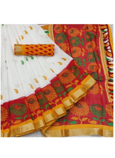 Buy Cotton Saree White Base With Yellow Printed Border Design Plus Unstitched Blouse in UAE