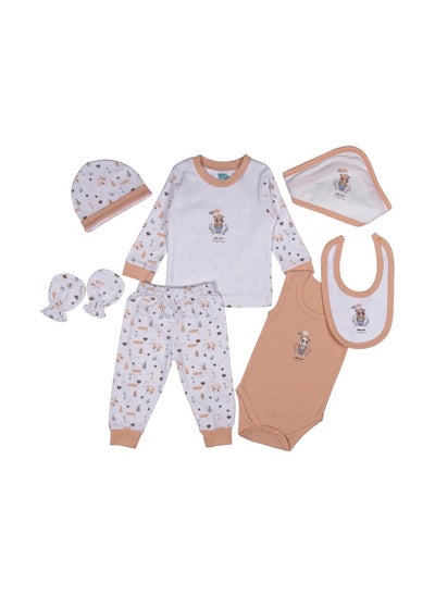 اشتري BabiesBasic 7 piece unisex 100% cotton Gift Set include bib, blanket, mitten, cap, romper, top and bottom set في الامارات