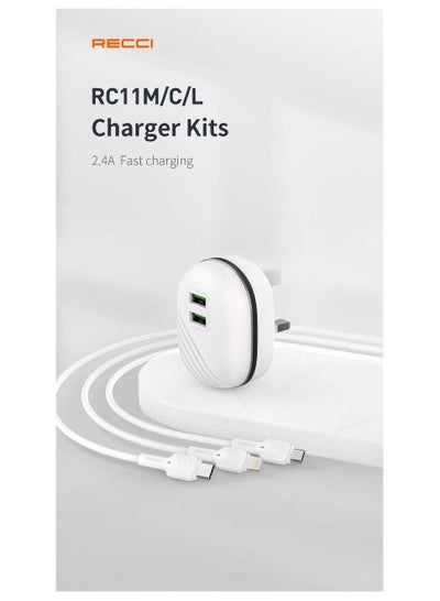 Buy RECCI 2 Port Travel Charger Kit 12W with Lightning USB Cable - White in Egypt