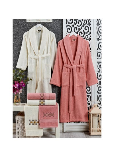 Buy 6-Piece Turkish Terry Cotton Family Bathrobe Set with Matching Bath Towels and Hand Towels Dusky Rose/Off White in UAE