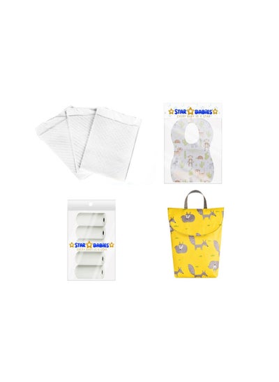 اشتري Baby Essentials Pack Pack Of 4 Scented Bag 5Pcs Changing Mat 3Pcs Bibs 5Pcs Small Diaper Bag Assorted في الامارات