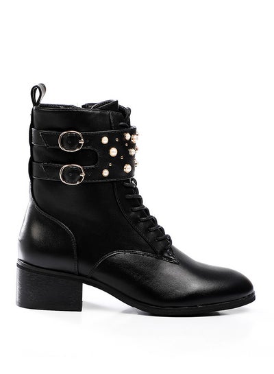 Buy Beads & Gold Details Allover Decorative Buckle Boots - Black in Egypt