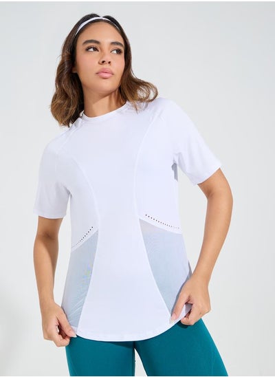 Buy Laser Cut & Stitch Detail Curved Hem Short Sleeve Top in Saudi Arabia