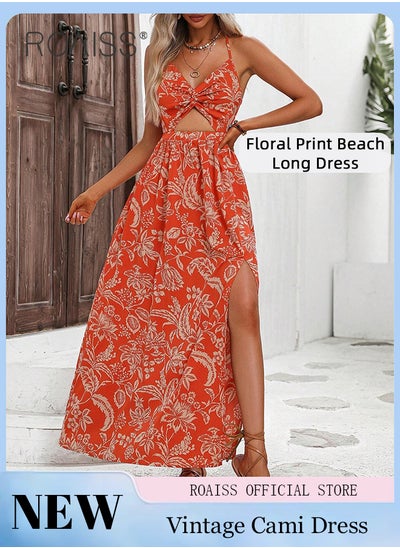 Buy Floral Print Backless Halter Neck Dress for Women Resort Wear Cut out V Neck Split Hem A-Line Cami Dress Ladies Comfy and Skin-Friendly Sleeve Less Beach Dresses in Saudi Arabia