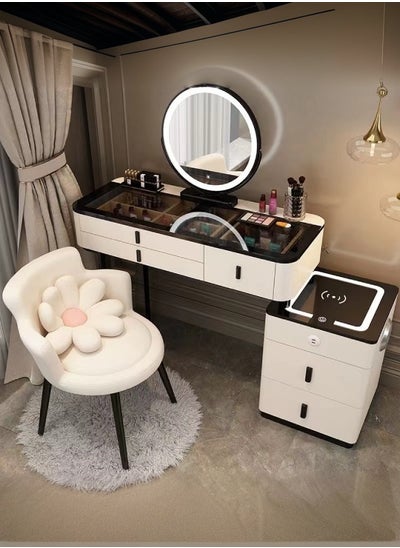 Buy Set of 2 Smart Dressing Table and Chair Set Multifunction Vanity Makeup Desk with HD Adjustable Tri Color LED Lights Mirror Wireless Charging Bluetooth Speaker Glass Tabletop 5 Drawers Storage and Ergonomically Design Cushioned Stool Chair for Living Room Bedroom 150x40x126 and 53x75 cm in UAE