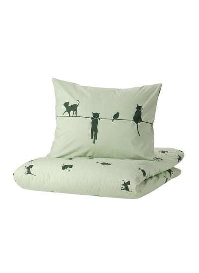 Buy Duvet Cover And Pillowcase Cat Pattern And Green 150X200 And 50X80 Cm in Saudi Arabia