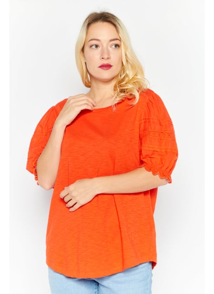 Buy Women Round Neck Short Sleeve Textured Blouse, Orange in UAE