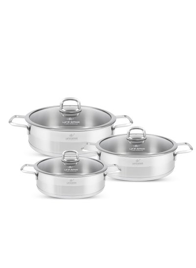 Buy 6-Piece President Series Premium 18/10 Stainless Steel Shallow Cooking Pot Set - Induction 3-Ply Thick Base Casserroles 24/28/32cm with Glass Lid for Even Heating Oven Safe Silver in UAE