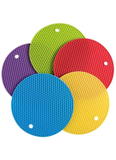 اشتري 5 Pcs Extra Thick Silicone Round Trivet Mats Multi-Purpose Pot Holder Non-Slip Trivets for Hot Pots and Pans Heat Resistant Mat Thickness for Tables Countertops Kitchen في الامارات