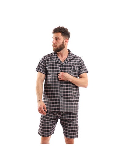 Buy Classic Collar Buttoned Plaids Pajama Set - Black & White in Egypt