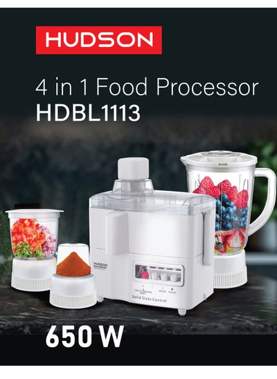 Buy Hudson Multi-Functional 4-In-1 Food Processor (Juicer/Blender/ Grinder & Chopper) With Plastic Jar With SS Blades,2 Speed Control With Pulse 1.8 L 650 W HDBL1113 White Color in Saudi Arabia