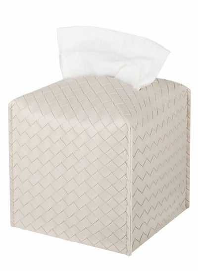 Buy Tissue Box, PU Leather Woven Square Kleenex Storage Organizer Rack For Bathroom Dresser Desktop Car Desk Bedroom (White) in UAE