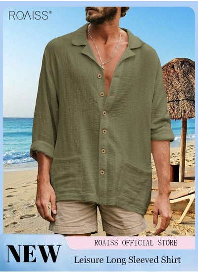 Buy Mens Button Up Shirts Long Sleeve Linen Beach Casual Cotton Summer Lightweight Tops in UAE