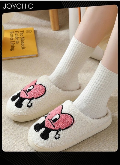 Buy Lovely Cartoon Embroidery Warm Indoor Bedroom Slides Autumn and Winter Women Flat Household Slippers with Love Pattern White+Pink in UAE