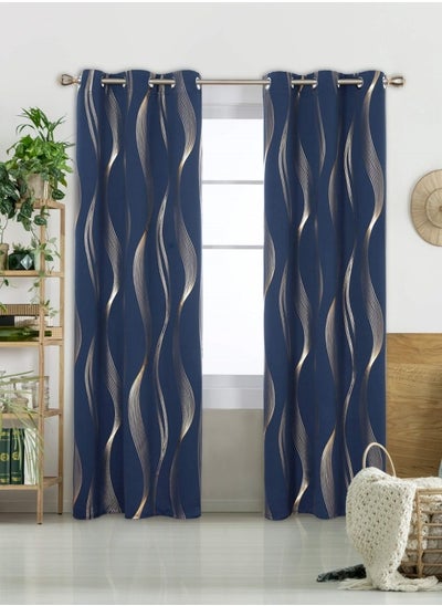 Buy Blackout Curtains, Decorative Silver Thread Foil Blackout Curtains, Thermal Insulated Room Darkening Curtains for Bedroom Living Room 100*250cm Navy Blue in UAE