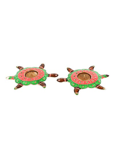 Buy 2-Piece Tortoise Decorative Metal Diya Set with Gold Tealight Candles, Multicolour in UAE