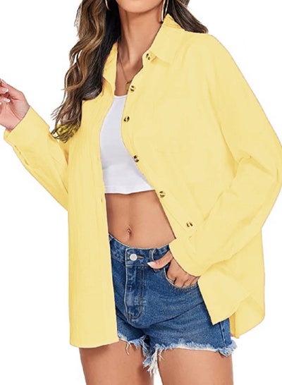 Buy Sunset Women CY Cotton Button Down Casual Blouse Tops Yellow in Egypt