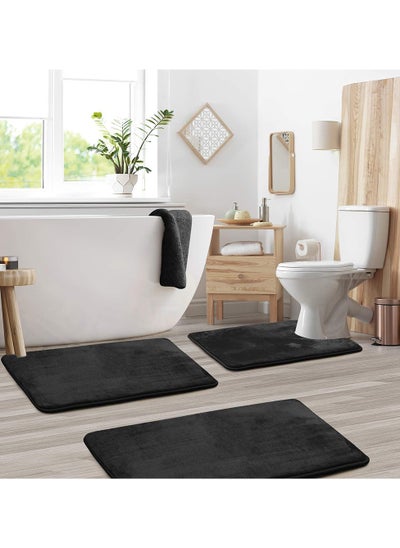 Buy 3 Piece Bathroom Rugs, Bath Mat with Non-Slip Bottom, Bathtub Mat for Bathroom (Black) in Saudi Arabia