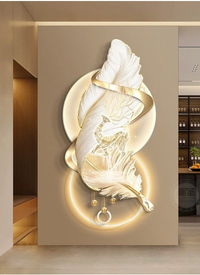 Buy LED illuminated wall art with gold and white feathers design in Saudi Arabia