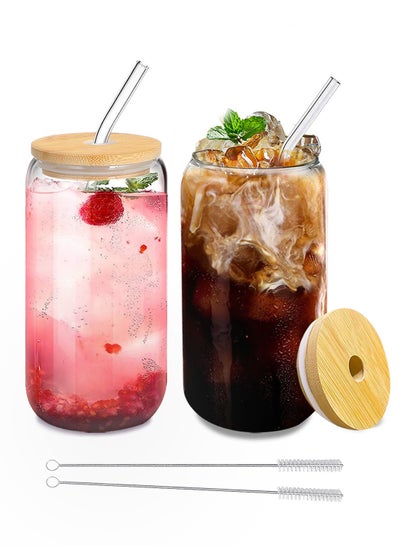 اشتري Glass Cups with Lids and Straws 2Pack,16OZ Glasses with Lids and Straws,Glass Coffee Cups with Lids and Straws,Drinking Glasses with Bamboo Lids and Straws في الامارات