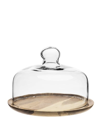 Buy 7.5" Clear Glass Dessert, Cheese Dome with Acacia Wood Tray in UAE