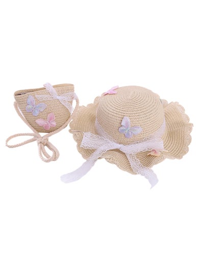 Buy Straw Hat and Straw Bag for Kids, 2 Pcs Cute Butterfly Lace Hat ＆ Straw Crossbody Bag, Sun Protection Outdoor Adorable Tourism Straw Hat for Girls, Summer Beach Sun Visor Hat & Straw Bag, Beige in Saudi Arabia