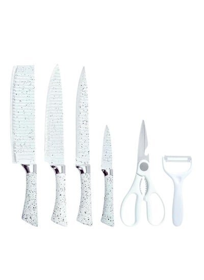 اشتري A set of 6-piece kitchen knives made of stainless steel, non-stick granite, with scissors and peeler (white) في مصر