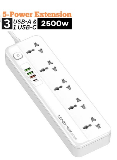 اشتري SC5415 Power Extension Cord with Multi Sockets 5 Universal Outlets Compatible With UK/UAE Plug, 3 Auto ID USB PD Ports For Mobile Charging, And 2m Extension Cord for Home, Office, Dorm Essentials في الامارات