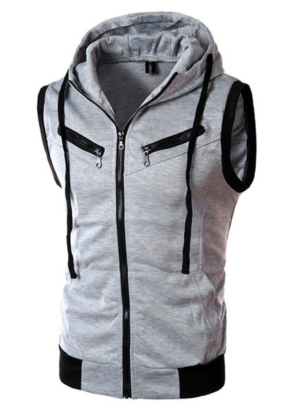 Buy Slim-Fit Knitted Vest Sleeveless Hooded Sweater Male Student Zipper Spring and Autumn Hooded Sweater Cut-Sleeve VestLight gray Light gray in UAE