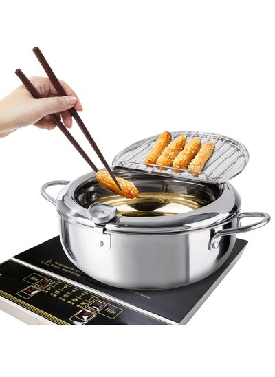 Buy Fryer, Japanese Tempura Small Fryer Stainless Steel Frying Pan with Thermometer, Lid and Drip Rack for French Fries, Shrimp, Chicken Wings and Shrimp (20cm/7.9in) in Saudi Arabia