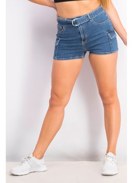 Buy Women Belted Washed Denim Cargo Shorts, Blue in UAE