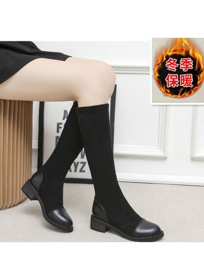 Buy 2023 Autumn Winter Mid-Calf Womens Boots with Chunky HeelBlack fleece-lined Black fleece-lined in UAE