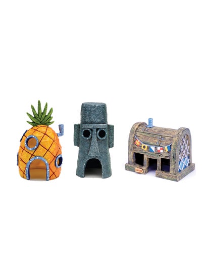 اشتري SpongeBob Squarepant Pineapple House, Fish Tank Decoration Aquarium Ornament Bridge Landscape Decorative, 3 Pcs Cartoon House Home, Pineapple, Stone Statue and Burger House في السعودية