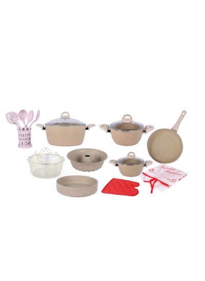 Buy Cookware Set Granite 18 Pcs  4mm - Beige  Turkey in UAE