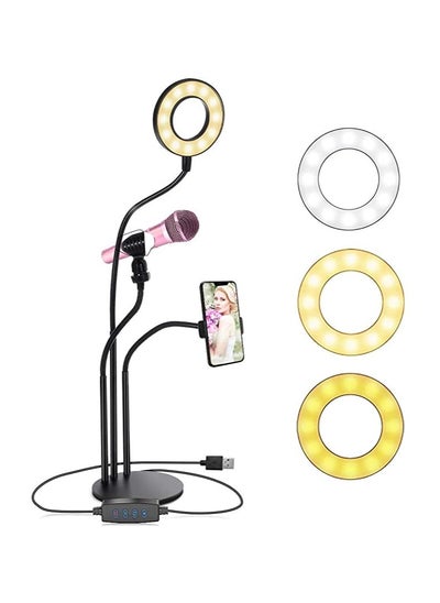 Buy 3 in 1 Phone Stand Holder Clip Selfie Ring Light 3 Color Adjustable With Microphone in UAE