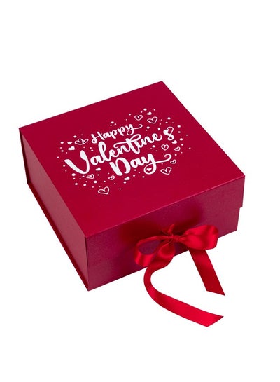 Buy 1 Pcs 8X8X4 Inches Red Happy Valentine'S Day Gift Box With Satin Ribbon Collapsible Gift Box With Magnetic Closure And 2 Pcs White Tissue Paper Perfect For Valentine'S Day Gift Wrap in UAE