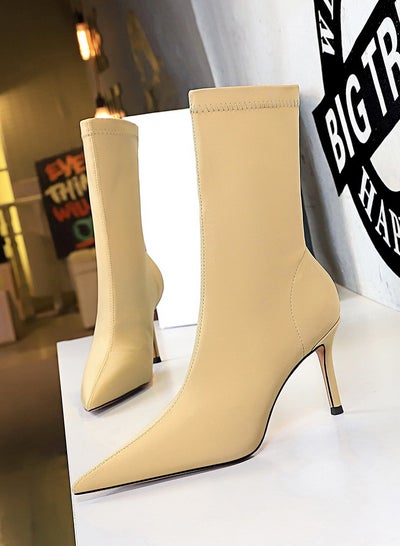 Buy Fashion Simple Slim Heel High Heel Elastic Lycra Pointed Ankle Boots Yellow in Saudi Arabia