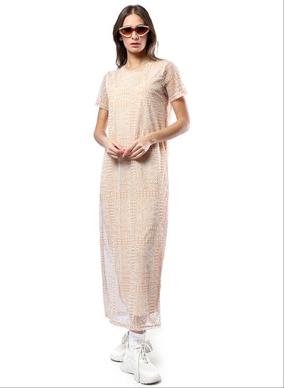 Buy Wide Round Neck Patterned Camel & White Midi Dress in Egypt