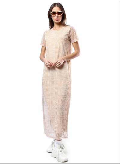 Buy Wide Round Neck Patterned Camel & White Midi Dress in Egypt