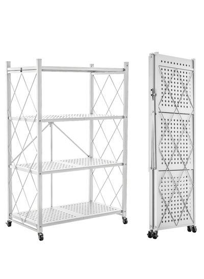 Buy 4-Tier Foldable Storage Shelf with Wheels,Rolling Cart for Books Kitchen Storage Shelves,Pantry&Closet Organizer,Office Room Decor,White in UAE