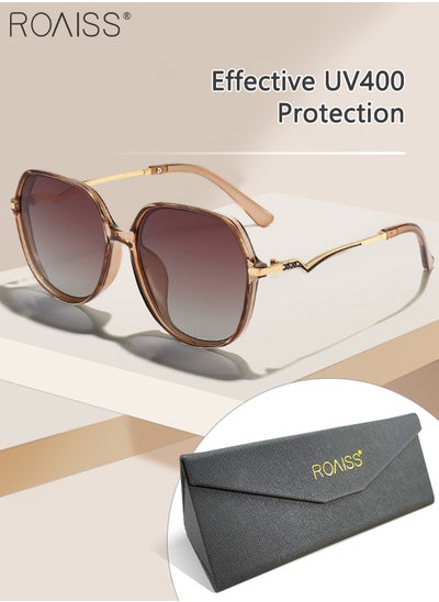 Buy Women's Polarized Hexagon Sunglasses, UV400 Protection Sun Glasses with Unique Temples, Oversize Fashion Anti-glare Sun Shades for Women with Glasses Case, 55mm, Transparent Brown in UAE