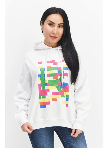 Buy Women Hooded Long Sleeves Graphic Print Sweatshirt, White in UAE