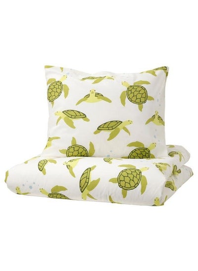 Buy Duvet Cover And Pillowcase Turtle Pattern Green And White 150X200 And 50X80 Cm in Saudi Arabia