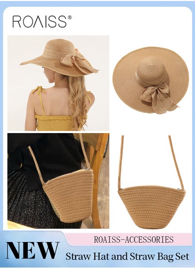 Buy 2 Pcs Straw Hat and Cotton Woven Bag Set Boho Style Bow Decor Straw Sun Hat Summer Floppy Beach Wide Brim Cap and Crossbody Vacation Beach Bag for Women in Saudi Arabia