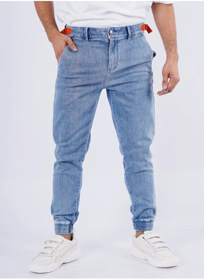 Buy Men’s Elastic Ankle Cuff Denim Pants in Blue in UAE