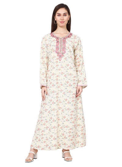 Buy FLORAL EMBROIDERED AND PRINTED PINK COLOUR LONG VISCOSE ARABIC KAFTAN JALABIYA DRESS in Saudi Arabia