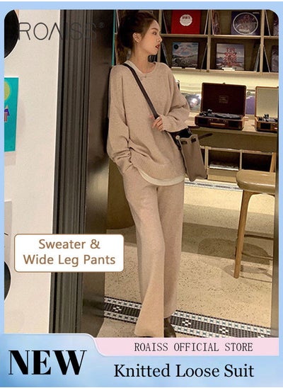 اشتري Women's Oversized Loose Suit Knitted Sweater Outfits 2 Piece Casual Set Solid Color Long Sleeve Wide Leg Pants في الامارات