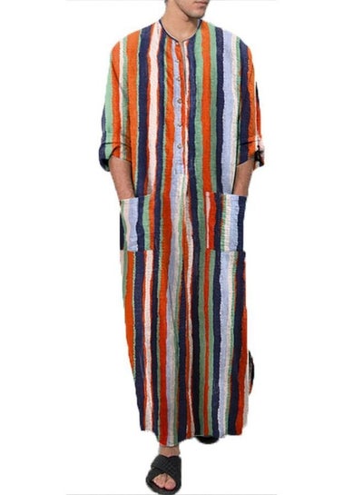 Buy Men's Traditional Dresses Long Sleeve Striped Henley Shirts Kaftan Muslim Gown Thobe Robe for Men Multicolor Stripes in Saudi Arabia