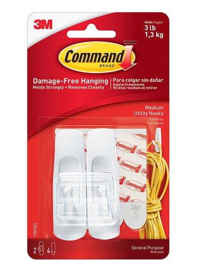 Buy Command 17001ES Utility Hooks, medium, Holds 1.36 Kg. each hook, white color. 2 hooks and 4 strips/pack in UAE